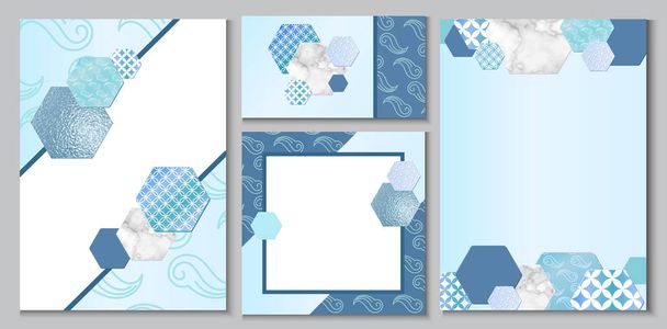 Japanese geometric pattern brochure layout, business card template or background in trendy minimalistic style, marble metal texture, chinese eastern ornament, trendy vector fashion invitation, poster - Vektör, Görsel
