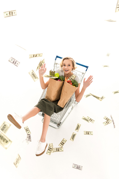 excited young woman with grocery bags sitting in shopping trolley and throwing dollar banknotes isolated on white - Photo, Image