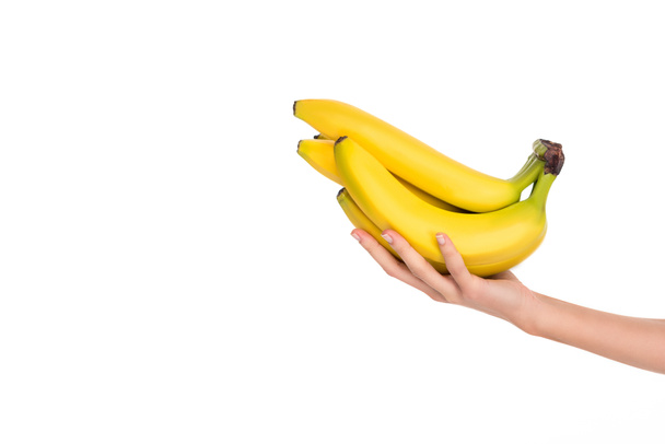 a gazdaság a friss, érett banán elszigetelt fehér nő részleges kiadványról - Fotó, kép