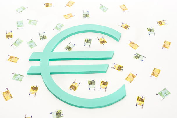 close up view of banknotes and euro sign isolated on white - Photo, Image