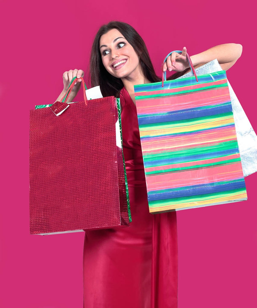 beautiful woman with shopping bags for Christmas shopping. - Photo, Image