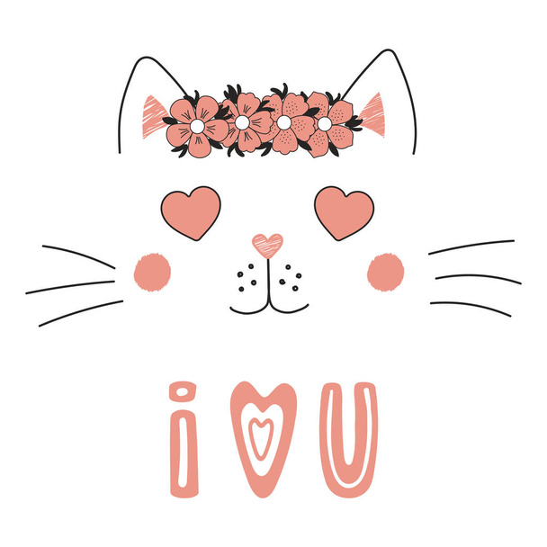 Retrato vectorial dibujado a mano de lindo gato divertido con ojos en forma de corazón y cita romántica, concepto del día de San Valentín
  - Vector, Imagen