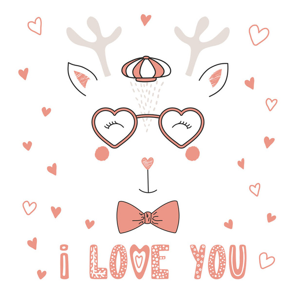 Retrato vectorial dibujado a mano de lindos ciervos divertidos en gafas en forma de corazón con cita romántica, concepto del día de San Valentín
  - Vector, Imagen