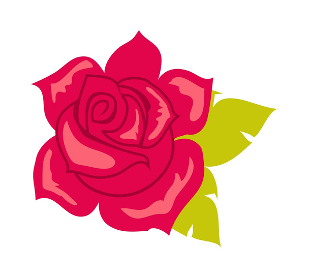 Red Rose with Green Leaf. Blossom in Cartoon Style - Vector, Image