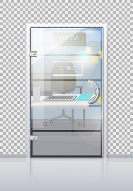 Office Interior Through Glass Door Flat Vector - Вектор,изображение