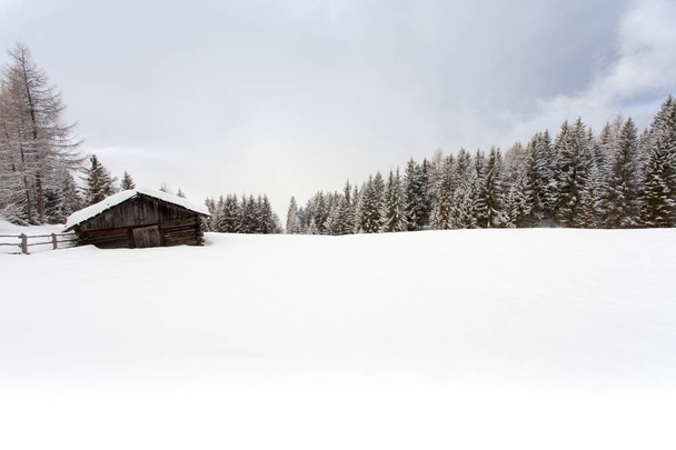 雪の風景と木製キャビン冬の背景  - 写真・画像