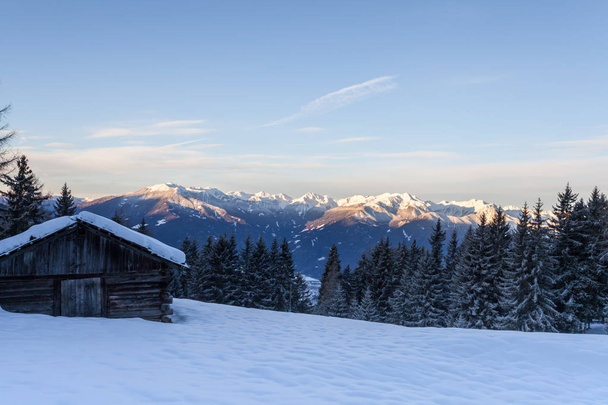 South tirol snow  mountains landscape and wood cabin winter trav - Photo, image