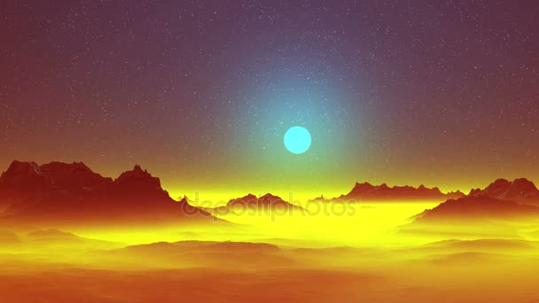 Surreal Alien Landscape. En el cielo estrellado oscuro el sol azul está en un halo. Los picos de montaña están sobre una espesa niebla brillante de color amarillo brillante. Debajo de ella hay colinas y lagos visibles
. - Metraje, vídeo