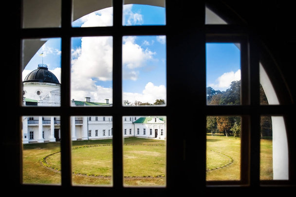 Beautiful mansion, view from the window. Around the trees and green grass - Photo, Image