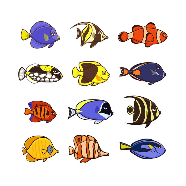 Roztomilý ryb vektorový obrázek ikony nastavit. Tropické ryby, mořské ryby, - Vektor, obrázek