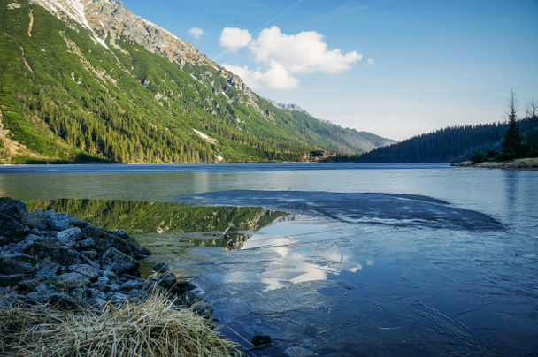 view of mountain lake with trees on slopes of mountain over water, Morskie Oko, Sea Eye, Tatra National Park, Poland - Φωτογραφία, εικόνα