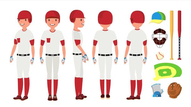 Classic Baseball Player Vector. Classic Uniform. Different Action Poses. Flat Cartoon Illustration - Vector, Image