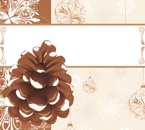 Pinecone op de decoratieve achtergrond met sneeuwvlokken en kerstballen - Vector, afbeelding