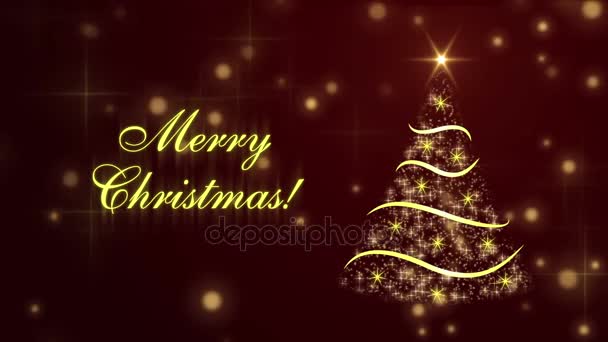 Feliz Navidad con árbol de Navidad y partículas brillantes en el fondo rojo oscuro
 - Imágenes, Vídeo
