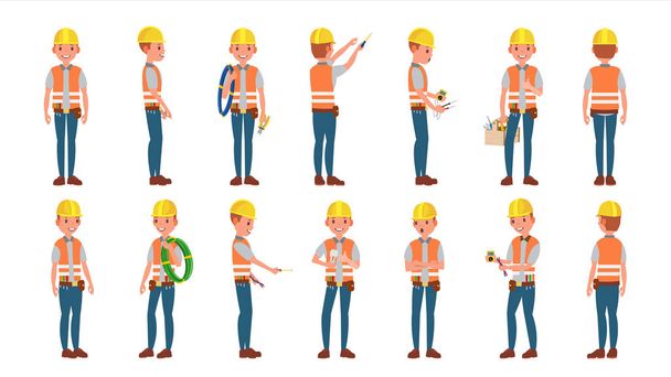 Classic Electrician Vector. Different Poses. Working Man. Isolated Flat Cartoon Character Illustration - Vector, Image