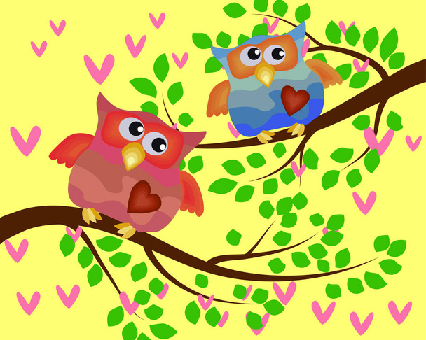Parlak, sevimli çizgi film baykuşları fantastik ağaçların çiçekli dallarında otururlar. - Vektör, Görsel