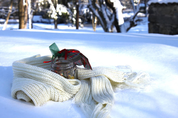 Photo d'hiver avec biscuits de Noël dans un bocal sur une écharpe dans la neige
 - Photo, image