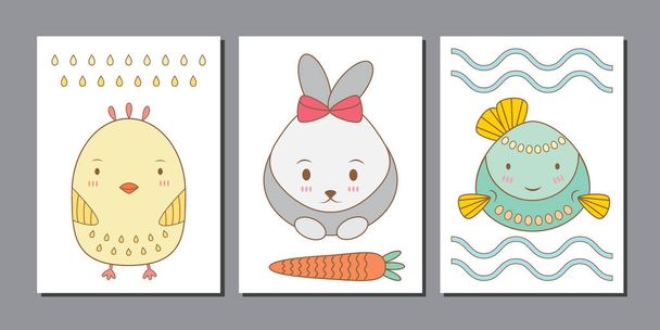 かわいいウサギ、鶏、魚のグリーティング カード。漫画キャラクターの動物. - ベクター画像