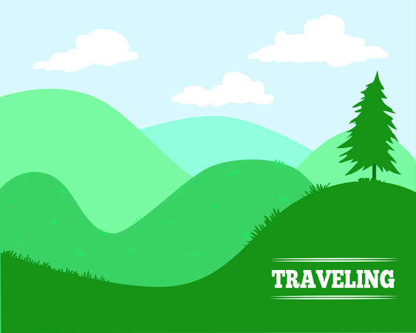 Vector Background  Cantoon  Green Hills  with text Traveling - f - Vector, imagen
