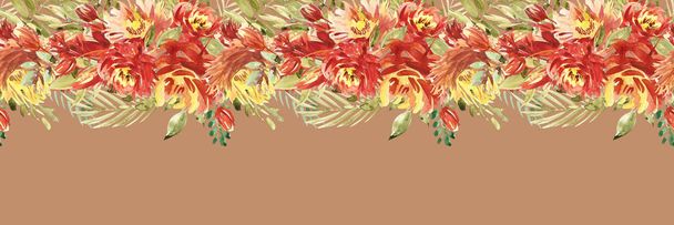 Bordure isolée sans couture avec des fleurs rouges, feuilles. Motif floral aquarelle vintage. Couleur vive. Jante florale sans couture, bande pour cartes, mariage ou tissu
. - Photo, image