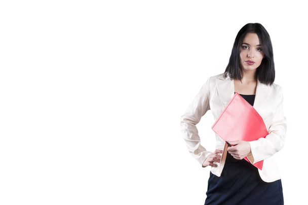 young businesswoman serious brunette isolated folder - Photo, Image