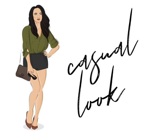 Vector street style poster. Fashion illustration young woman with long hair, wearing bluse, shorts, bag, sunglases. Business outfit. Sketch casual  street style. Fashion collection . Magazine poster - Vettoriali, immagini