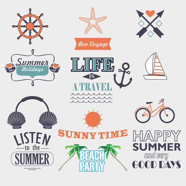  Ретро элементы для летнего каллиграфического дизайна. отдых на пляже, приключенческие ярлыки. векторный набор
 - Вектор,изображение