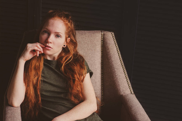 young beautiful redhead hipster woman with no make up relaxing at home. Youth and natural beauty concept. - Foto, Imagem