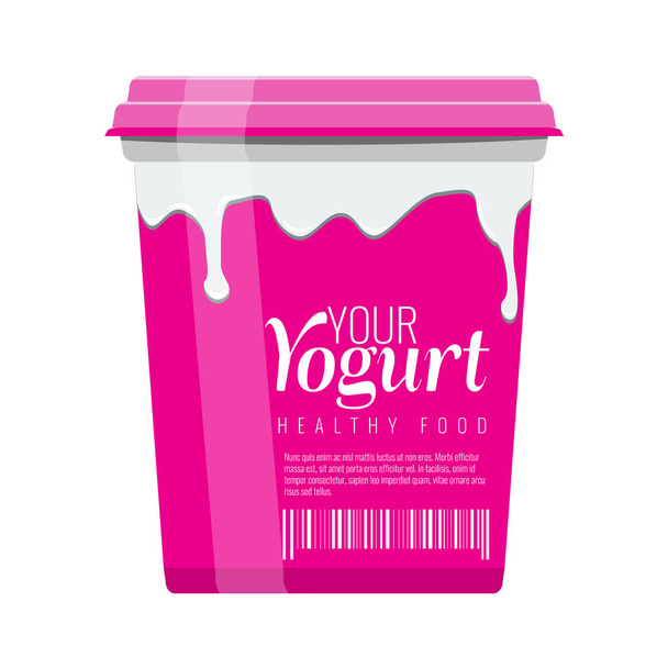 Růžová plastová nádoba s víkem růžová. Jogurt obalový design s ilustrace toku mléka. Ploché a pevné barva design vektor - Vektor, obrázek