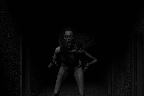 3d illustration of scary ghost in the dark,Horror background,mixed media  - Foto, Imagen