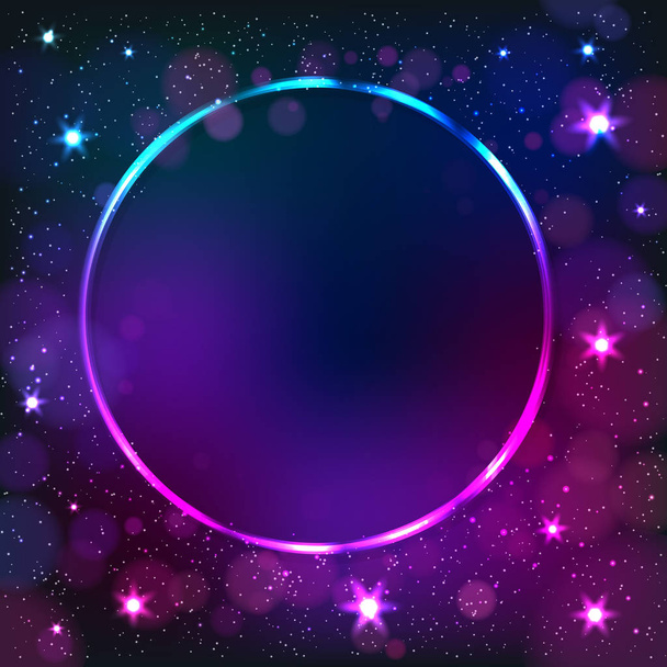 Colorful neon circle frame on a dark star background, abstract illustration. - Vetor, Imagem