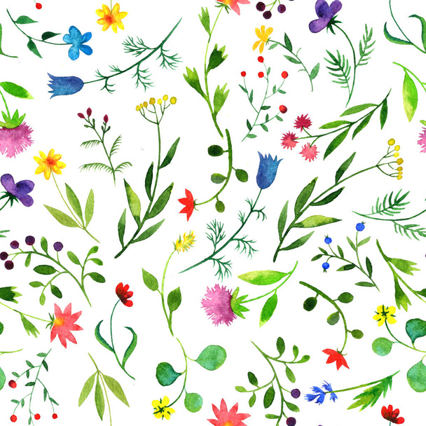 seamless pattern with watercolor doodle plants and flowers - Fotografie, Obrázek