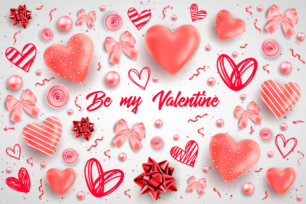 Saint valentine's day background with colorful hearts with frame. Happy valentines day and weeding design elements. Vector illustration. Pink Background With hearts. Doodles and curls. Be my valentine. 14 february. - Vektor, obrázek