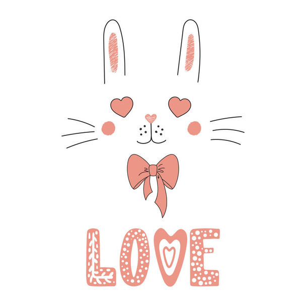 Retrato vectorial dibujado a mano de lindo conejito divertido con ojos en forma de corazón y cita romántica, concepto de San Valentín
 - Vector, Imagen