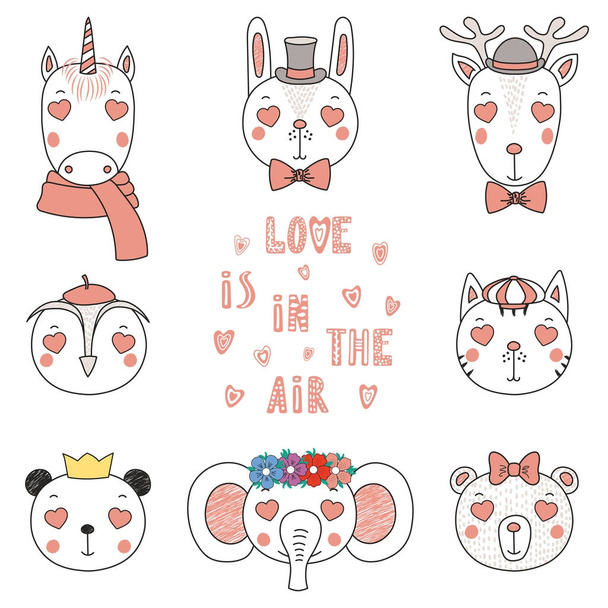 Set of hand drawn portraits of cute funny animals with heart shaped eyes, Valentines day concept  - Vector, Image