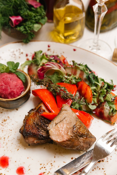 Roasted duck file served with red bilberry sorbet and vegetable salad - Photo, Image