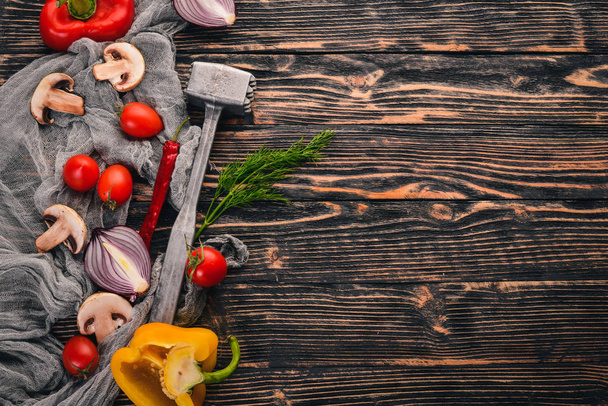 Preparation for cooking on a wooden background. Top view. Free space for text. - Valokuva, kuva