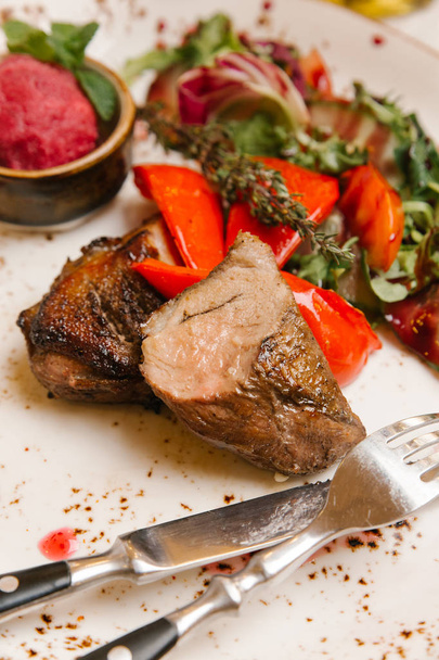 Soubor pečená kachna podávaná s červeným borůvkový sorbet a zeleninový salát - Fotografie, Obrázek