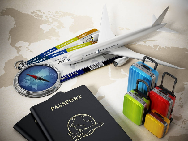 Passports, luggages, tickets and compass on world map. 3D illustration - Foto, Imagen