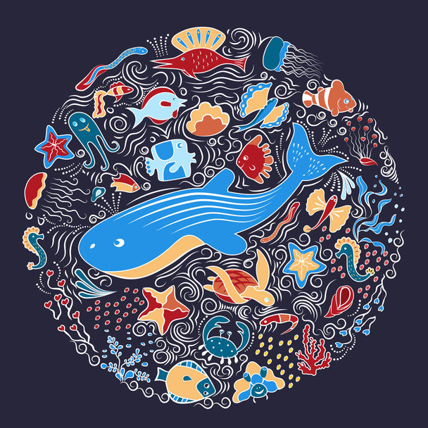 Circular ornament from sea animals, fish - Vetor, Imagem
