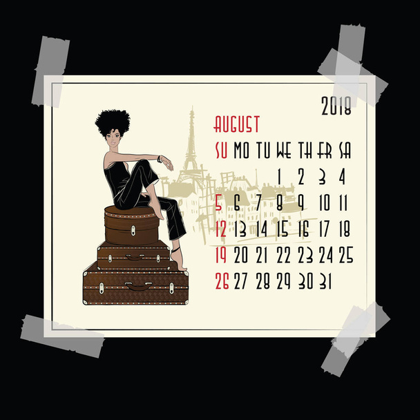 8 月。ファッションの女の子とカレンダー - ベクター画像