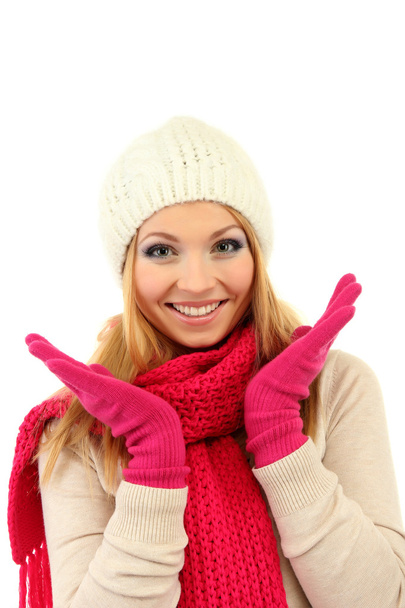 Young beautiful woman wearing winter clothing, isolated on white - Foto, Imagen