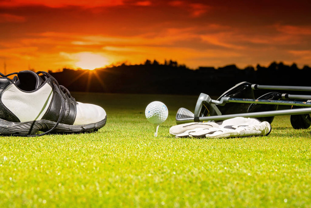 Golf club and Golf ball in bag on grass - Fotoğraf, Görsel