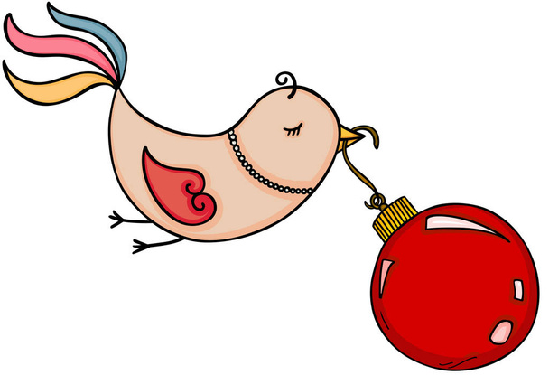 Lindo pájaro volando con bola roja de Navidad
 - Vector, imagen
