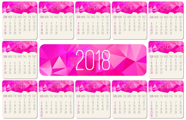 Year 2018 vector monthly calendar. Week starting from Sunday. Contemporary low poly design in vibrant pink color. - Vektör, Görsel