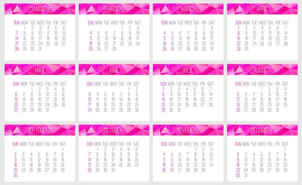 Year 2018 vector monthly calendar. Week starting from Sunday. Contemporary low poly design in vibrant pink color. - Vecteur, image