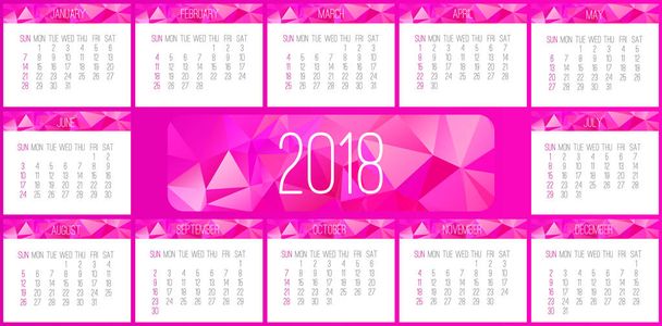 Векторный месячный календарь 2018 года. С воскресенья начинается неделя. Современный низкопольный дизайн в ярко-розовом цвете
. - Вектор,изображение