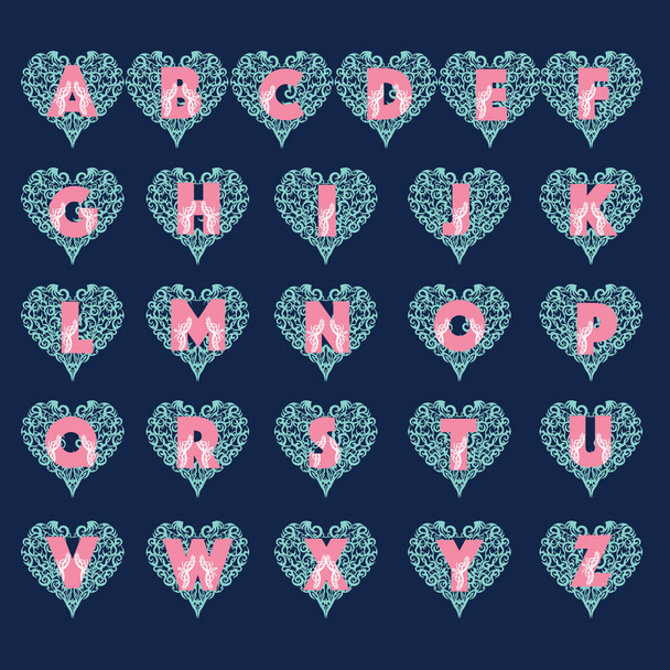 Vector alphabet in tribal style creative design letters in heart - Vetor, Imagem