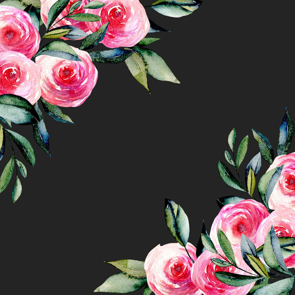 Szablon karty z akwarela czerwone róże i zielonych liści w rogach, ręcznie rysowane na ciemnym tle, urodziny i inne karty okolicznościowe  - Zdjęcie, obraz