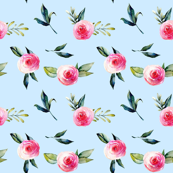Watercolor red roses, green leaves and branches bouquets seamless pattern, hand drawn on a blue background - Photo, Image